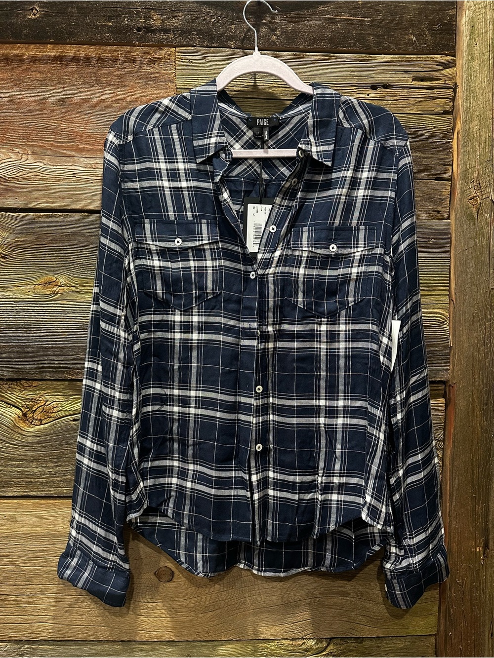 PAIGE Carlton Plaid Long Sleeve Button Down Shirt Dark Ink Blue White NWT